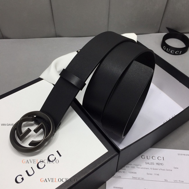 Gucci Leather Men's Belt Black Metal Interlocking GG Buckle